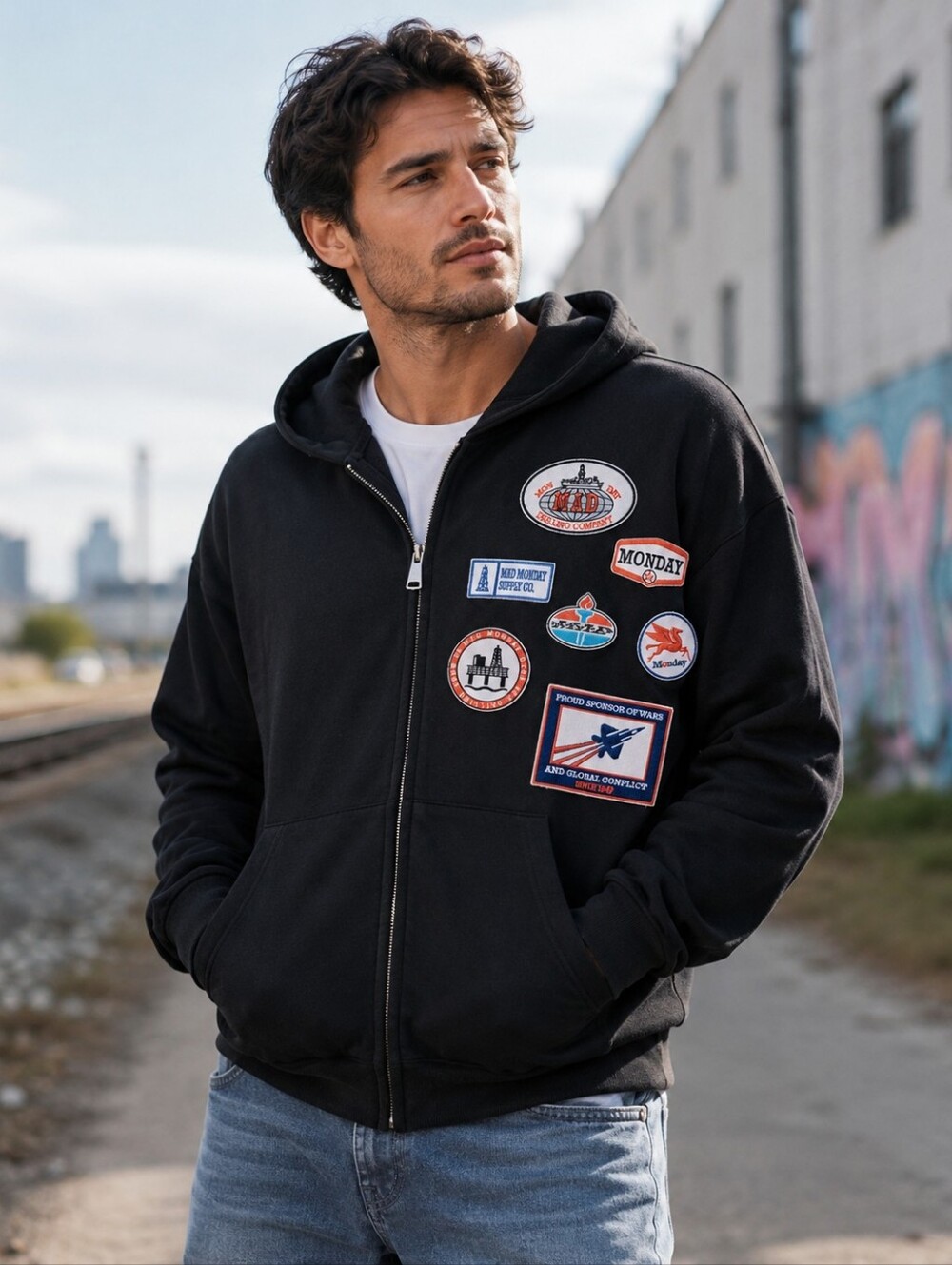 Mad Monday Mad Oil Zip Up Hoodie men's size large new without tags black jacket